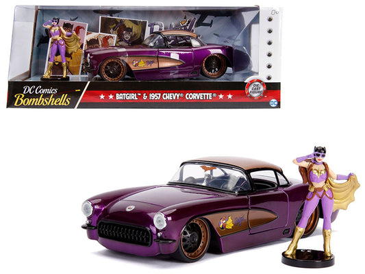 1957 Chevrolet Corvette Purple with Batgirl Diecast Figurine "DC Comics Bombshells" Series 1/24 Diecast Model Car by Jada