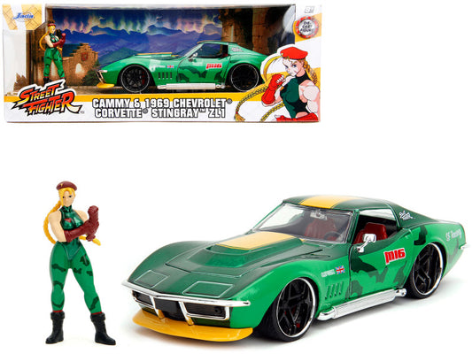 969 Chevrolet Corvette Stingray ZL1 Green Metallic with Yellow Stripes and Cammy Diecast Figure "Street Fighter" Video Game "Anime Hollywood Rides" Series 1/24 Diecast Model Car by Jada