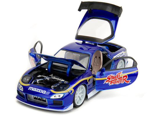1993 Mazda RX-7 Candy Blue Metallic with Graphics and Chun-Li Diecast Figure "Street Fighter" Video Game "Anime Hollywood Rides" Series 1/24 Diecast Model Car by Jada